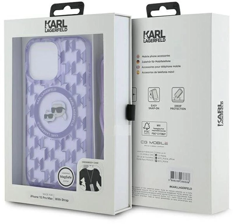 Karl Lagerfeld KLHMP15LHCKCKLCU Apple iPhone 15 Pro 6.1″ violetinės spalvos kietas dėklas IML Crossbody Monogram K