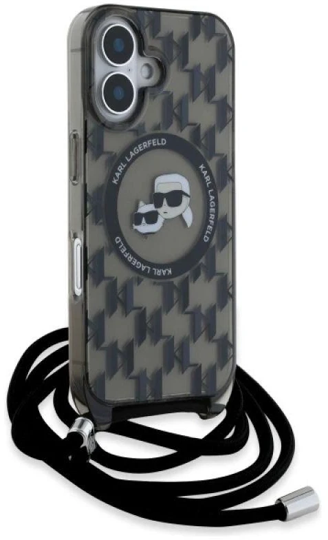 Karl Lagerfeld KLHMP16SHCKCKLCK Apple iPhone 16 6.1″ juodos spalvos kietas dėklas IML Crossbody Monogram Karl &amp; &amp; Chou