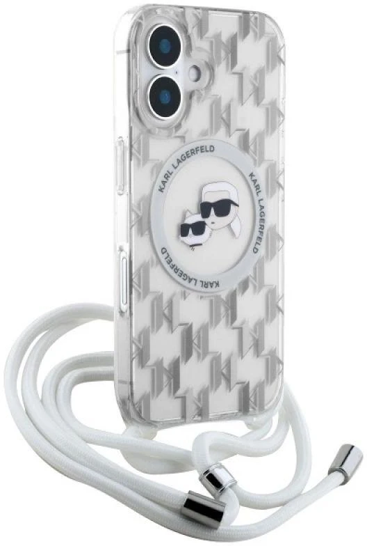 Karl Lagerfeld KLHMP16SHCKCKLCT Apple iPhone 16 6.1" dėklas telefonui skaidrus IML Crossbody Monogram Karl & Choupette Head MagSafe