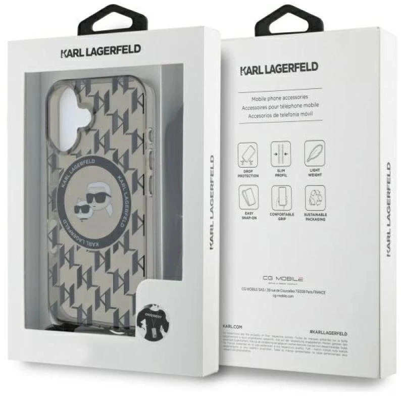 Karl Lagerfeld KLHMP16SHCKCKLCK Apple iPhone 16 6.1″ juodos spalvos kietas dėklas IML Crossbody Monogram Karl &amp; &amp; Chou