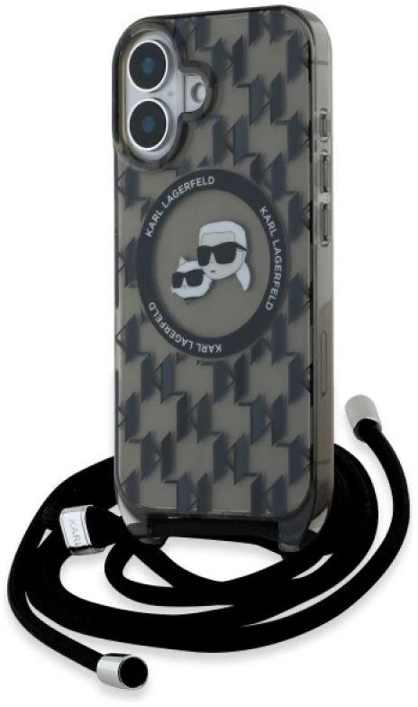 Karl Lagerfeld KLHMP16SHCKCKLCK Apple iPhone 16 6.1″ juodos spalvos kietas dėklas IML Crossbody Monogram Karl &amp; &amp; Chou