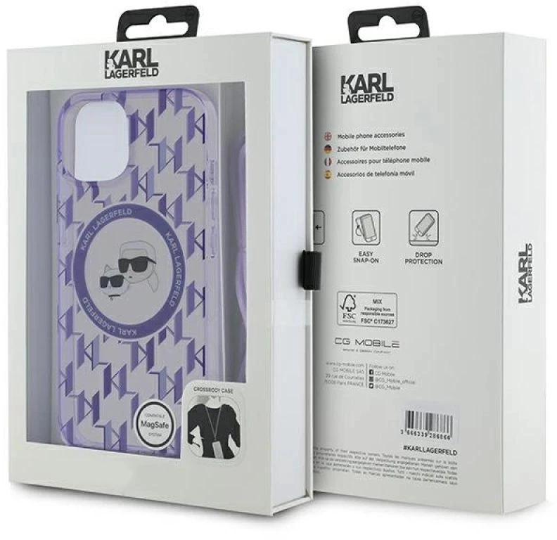Karl Lagerfeld KLHMP15SHCKCKLCU Apple iPhone 15 / 14 / 13 6.1″ violetinės spalvos kietas dėklas IML Crossbody Mono