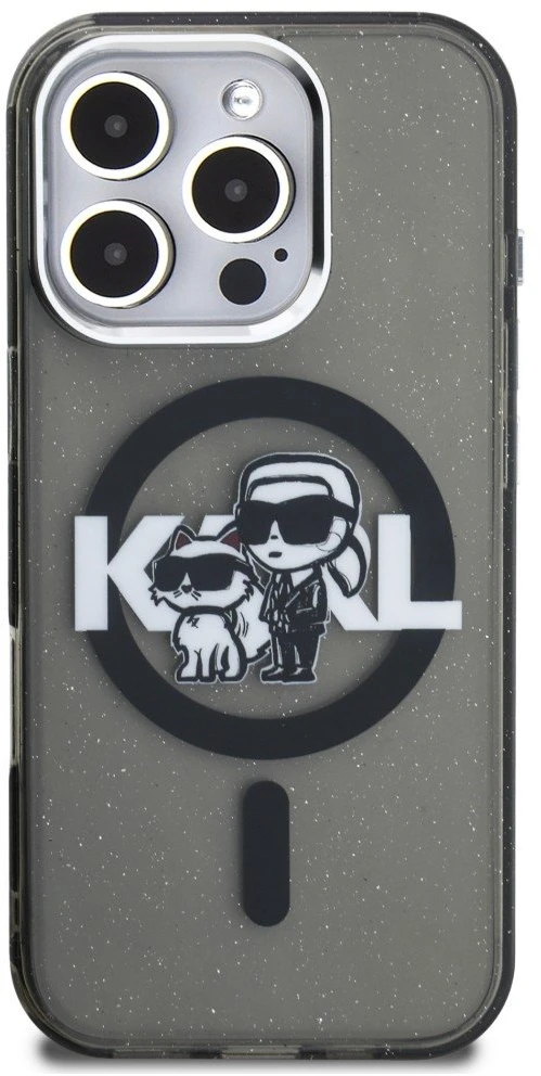 Karl Lagerfeld IML Glitter Karl and Choupette Sketch MagSafe dėklas Apple iPhone 16 Pro Max juodos spalvos