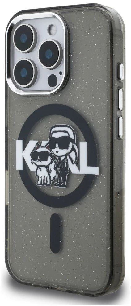 Karl Lagerfeld IML Glitter Karl and Choupette Sketch MagSafe dėklas Apple iPhone 16 Pro Max juodos spalvos