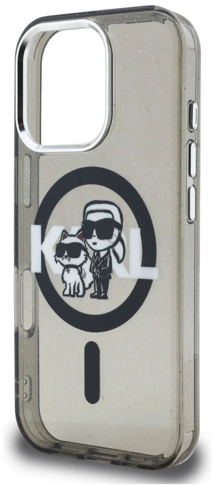 Karl Lagerfeld IML Glitter Karl and Choupette Sketch MagSafe dėklas Apple iPhone 16 Pro Max juodos spalvos
