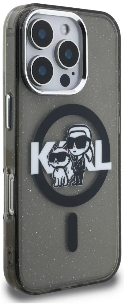 Karl Lagerfeld IML Glitter Karl and Choupette Sketch MagSafe dėklas Apple iPhone 16 Pro juodos spalvos