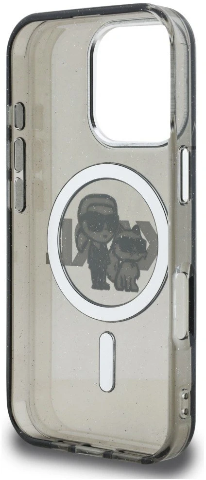 Karl Lagerfeld IML Glitter Karl and Choupette Sketch MagSafe dėklas Apple iPhone 16 Pro Max juodos spalvos