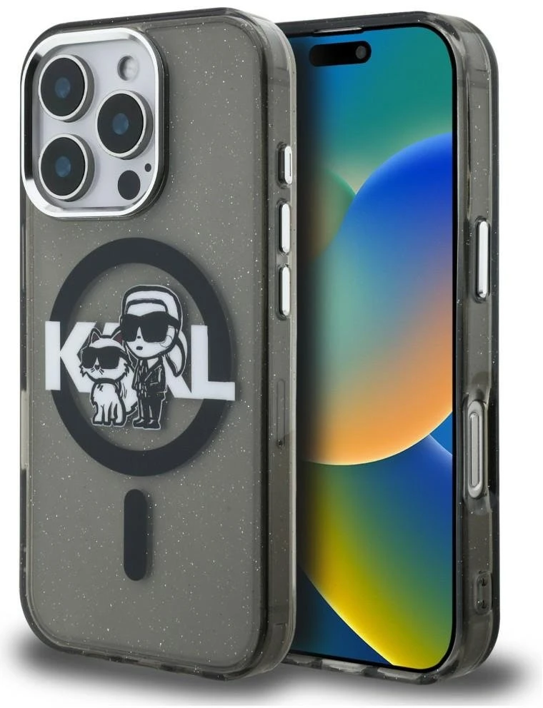 Karl Lagerfeld IML Glitter Karl and Choupette Sketch MagSafe dėklas Apple iPhone 16 Pro Max juodos spalvos