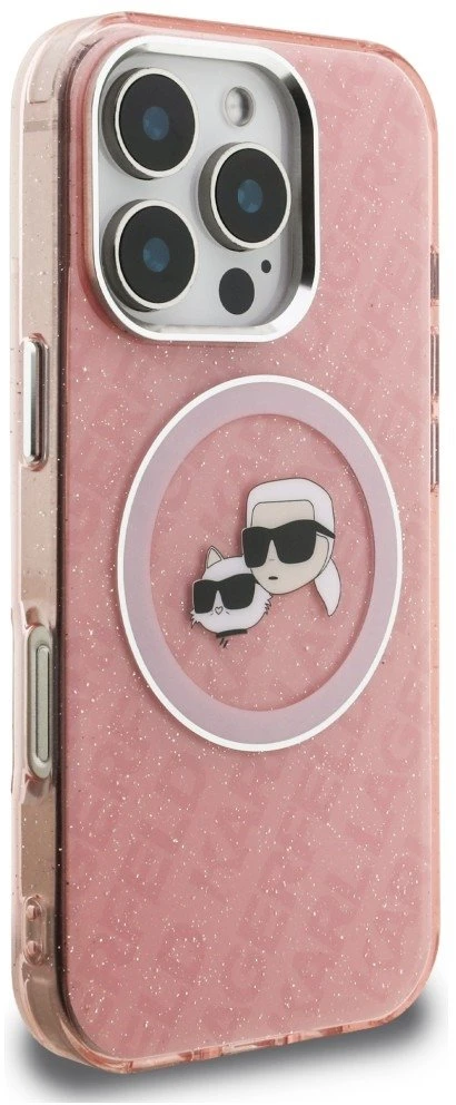 Karl Lagerfeld IML K&CH Heads Repeated Logo MagSafe dėklas Apple iPhone 16 Pro Max rožinės spalvos