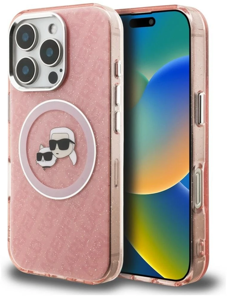 Karl Lagerfeld IML K&CH Heads Repeated Logo MagSafe dėklas Apple iPhone 16 Pro Max rožinės spalvos