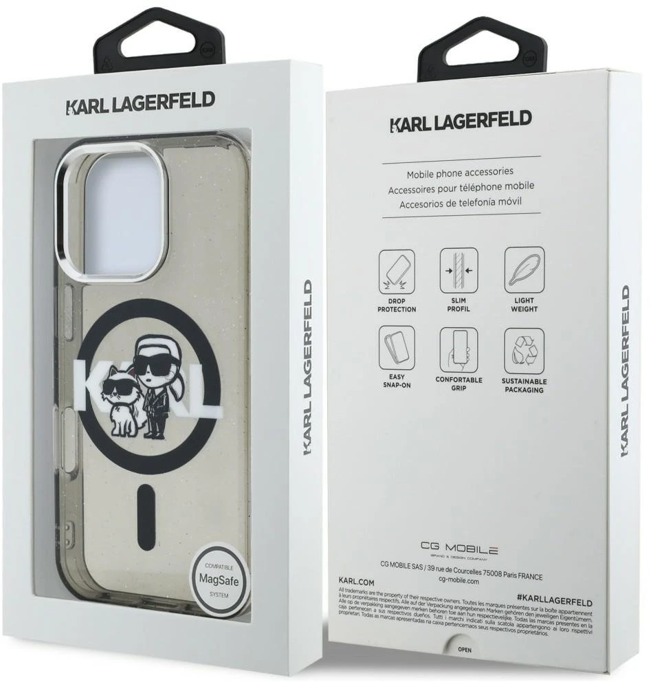 Karl Lagerfeld IML Glitter Karl and Choupette Sketch MagSafe dėklas Apple iPhone 16 Pro Max juodos spalvos