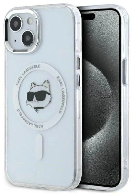 Karl Lagerfeld KLHMP15MHLSCHH Apple iPhone 15 Plus 6.7″ baltos spalvos kietas dėklas IML Metal Choupette Head MagSafe