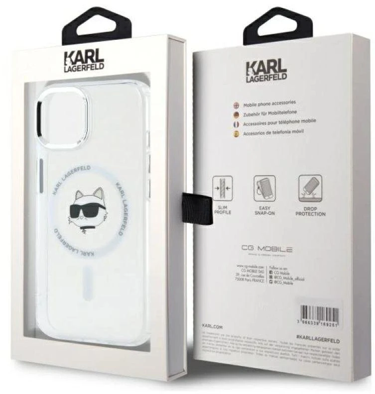Karl Lagerfeld KLHMP15MHLSCHH Apple iPhone 15 Plus 6.7″ baltos spalvos kietas dėklas IML Metal Choupette Head MagSafe