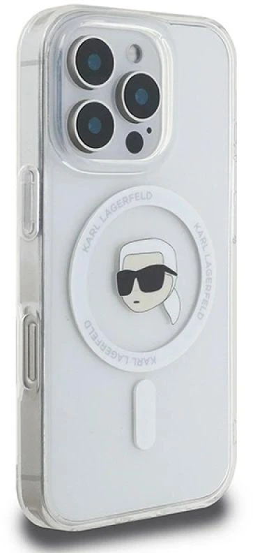 Karl Lagerfeld KLHMP16LHLSKIH Apple iPhone 16 Pro 6.3″ baltos spalvos kietas dėklas IML Metal Karl Head MagSafe