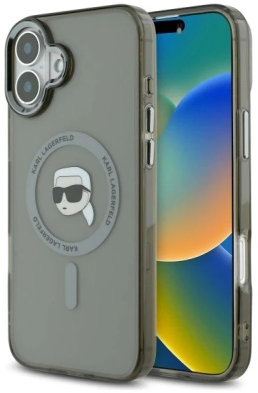 Karl Lagerfeld KLHMP16SHLSKIK Apple iPhone 16 6.1″ juodos spalvos kietas dėklas IML Metal Karl Head MagSafe