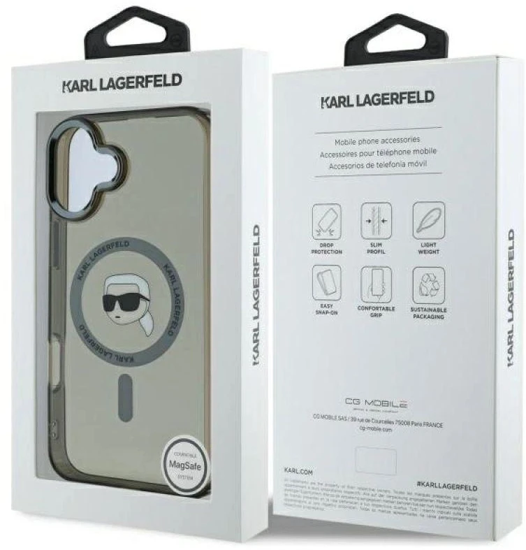 Karl Lagerfeld KLHMP16SHLSKIK Apple iPhone 16 6.1″ juodos spalvos kietas dėklas IML Metal Karl Head MagSafe