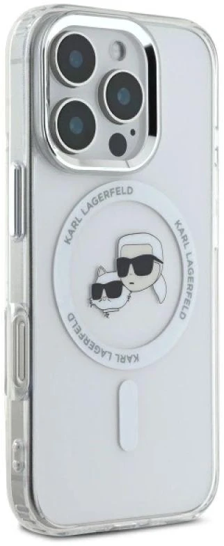 Karl Lagerfeld KLHMP16LHLSKCH Apple iPhone 16 Pro 6.3″ baltos spalvos kietas dėklas IML Metal Karl&Choupette Head M