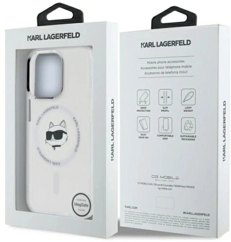 Karl Lagerfeld KLHMP14LHLSCHH Apple iPhone 14 Pro 6.1″ baltos spalvos kietas dėklas IML Metal Choupette Head MagS