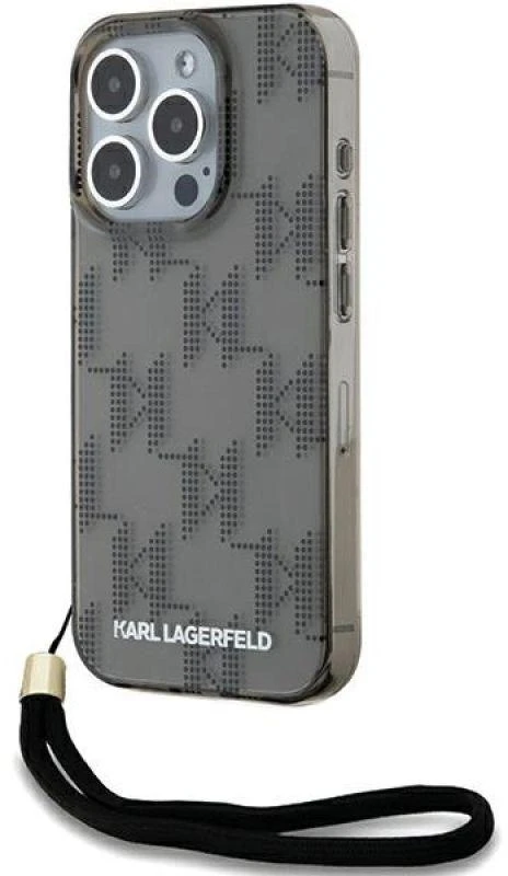 Karl Lagerfeld KLHCP15LHKDPNSK Apple iPhone 15 Pro 6.1″ juodos spalvos kietas dėklas IML Mono KL Pattern & Cord