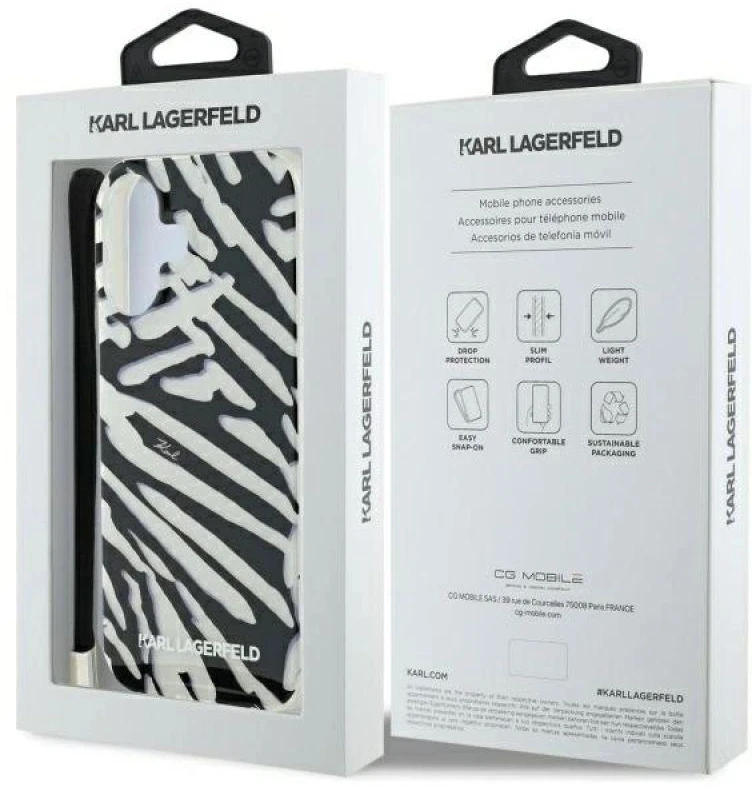 Karl Lagerfeld KLHCP16SHZBPKCCK Apple iPhone 16 6.1″ juodos spalvos kietas dėklas IML Zebra Pattern & Cord