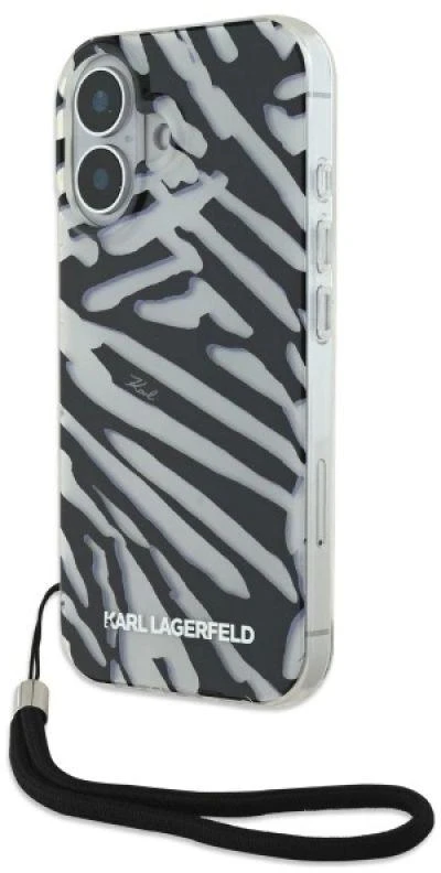Karl Lagerfeld KLHCP16SHZBPKCCK Apple iPhone 16 6.1″ juodos spalvos kietas dėklas IML Zebra Pattern & Cord