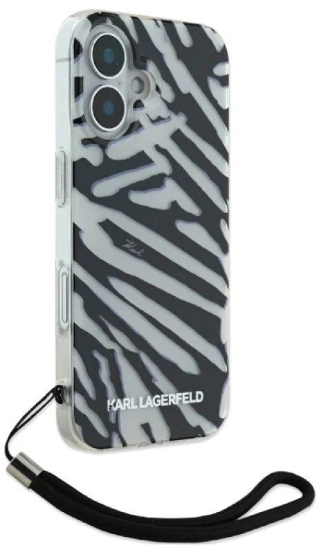 Karl Lagerfeld KLHCP16SHZBPKCCK Apple iPhone 16 6.1″ juodos spalvos kietas dėklas IML Zebra Pattern & Cord