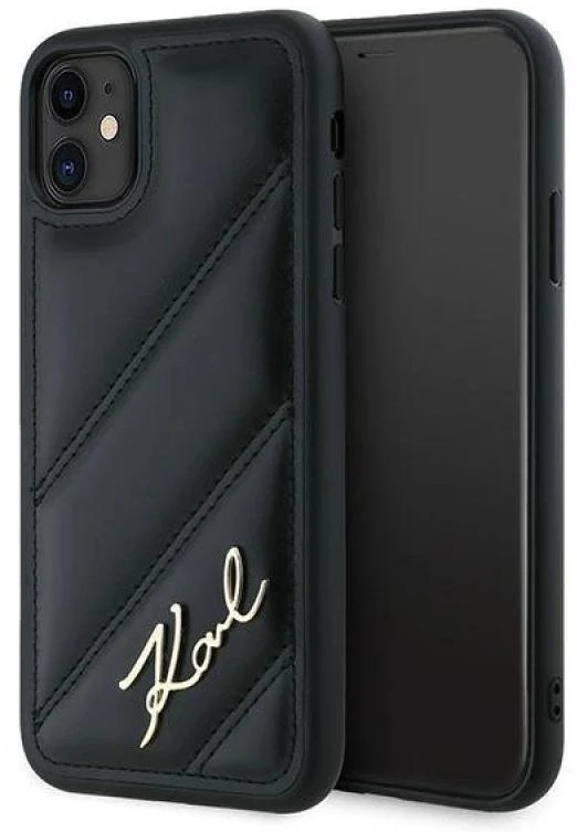 Karl Lagerfeld KLHCN61PQDSMGK Apple iPhone 11 / Xr 6.1″ juodos spalvos kietas dėklas Diagonal Quilted Script