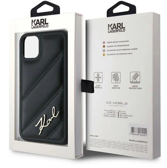 Karl Lagerfeld KLHCN61PQDSMGK Apple iPhone 11 / Xr 6.1″ juodos spalvos kietas dėklas Diagonal Quilted Script