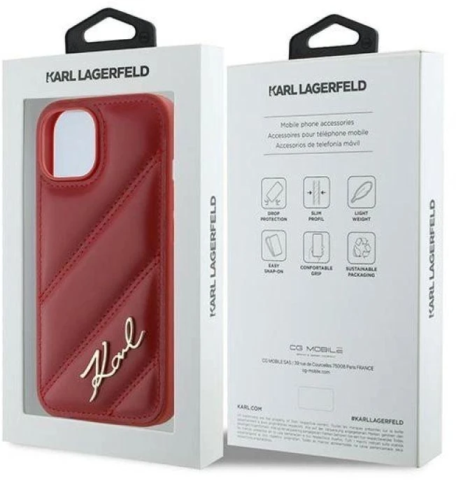 Karl Lagerfeld KLHCP15SPQDSMGR Apple iPhone 15/ 14 / 13 6.1″ red kietas dėklas Diagonal Quilted Script