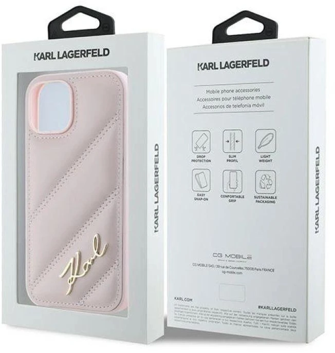 Karl Lagerfeld KLHCP14SPQDSMGP Apple iPhone 14 / 15 / 13 6.1″ rožinės spalvos kietas dėklas Diagonal Quilted Script