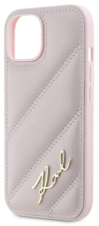 Karl Lagerfeld KLHCP14SPQDSMGP Apple iPhone 14 / 15 / 13 6.1″ rožinės spalvos kietas dėklas Diagonal Quilted Script
