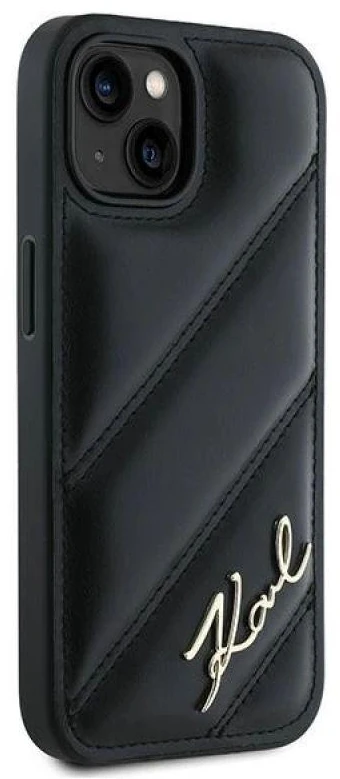 Karl Lagerfeld KLHCP15SPQDSMGK Apple iPhone 15/ 14 / 13 6.1″ juodos spalvos kietas dėklas Diagonal Quilted Script