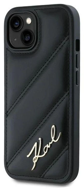 Karl Lagerfeld KLHCP15SPQDSMGK Apple iPhone 15/ 14 / 13 6.1″ juodos spalvos kietas dėklas Diagonal Quilted Script