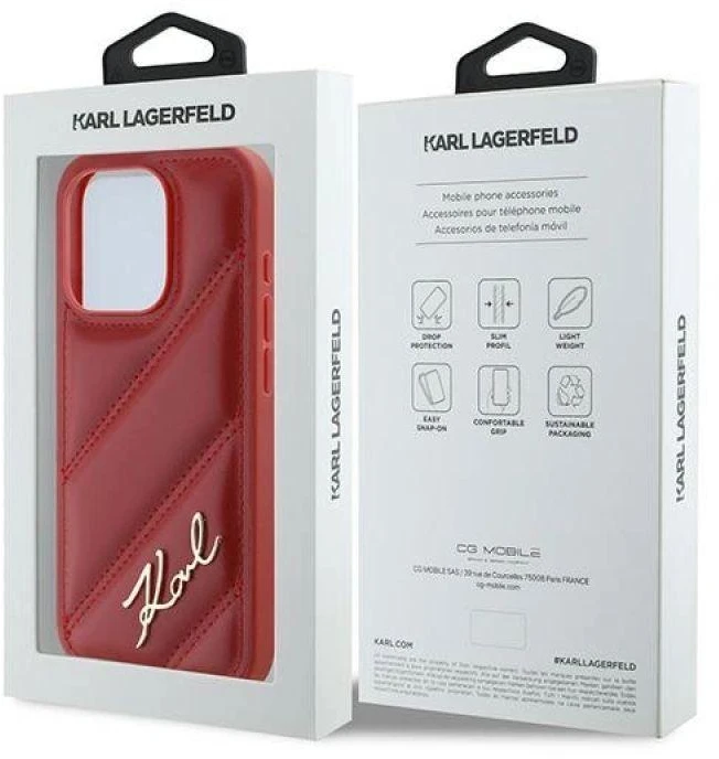 Karl Lagerfeld KLHCP15LPQDSMGR Apple iPhone 15 Pro 6.1″ red kietas dėklas Diagonal Quilted Script