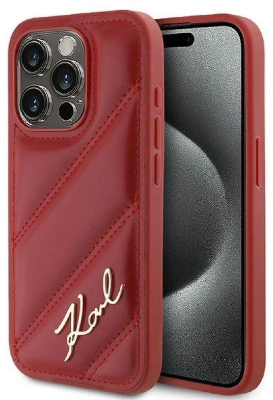 Karl Lagerfeld KLHCP15LPQDSMGR Apple iPhone 15 Pro 6.1″ red kietas dėklas Diagonal Quilted Script