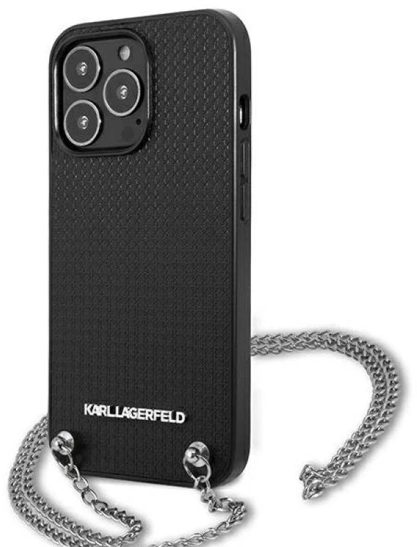 Karl Lagerfeld KLHCP13XPMK Apple iPhone 13 Pro Max 6,7″ kietas dėklas juodos spalvos Leather Textured and Chain