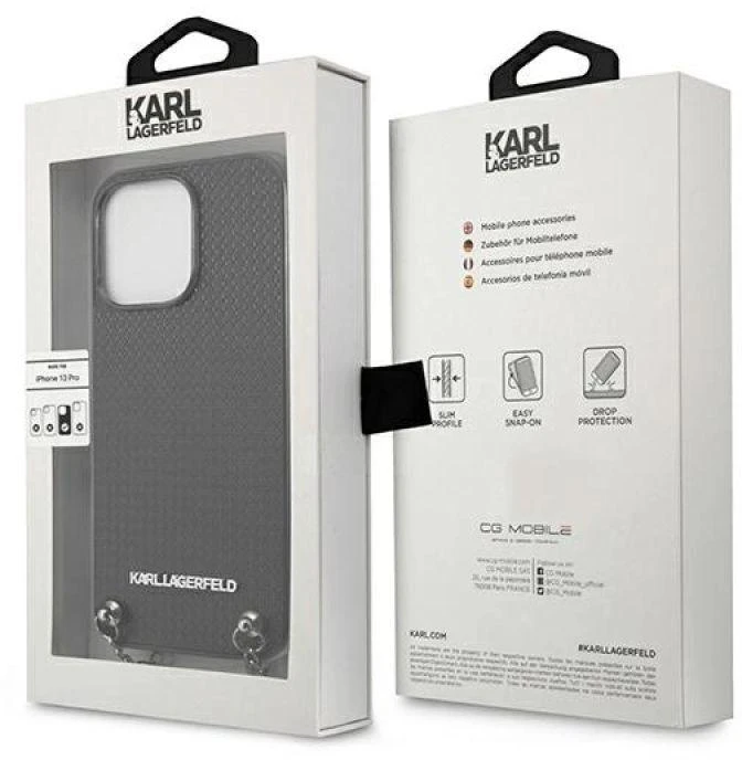 Karl Lagerfeld KLHCP13XPMK Apple iPhone 13 Pro Max 6,7″ kietas dėklas juodos spalvos Leather Textured and Chain