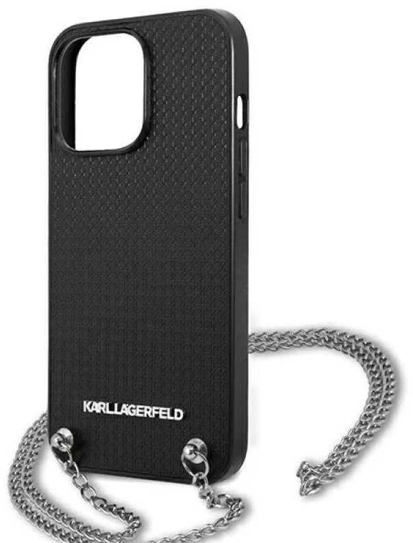 Karl Lagerfeld KLHCP13XPMK Apple iPhone 13 Pro Max 6,7″ kietas dėklas juodos spalvos Leather Textured and Chain