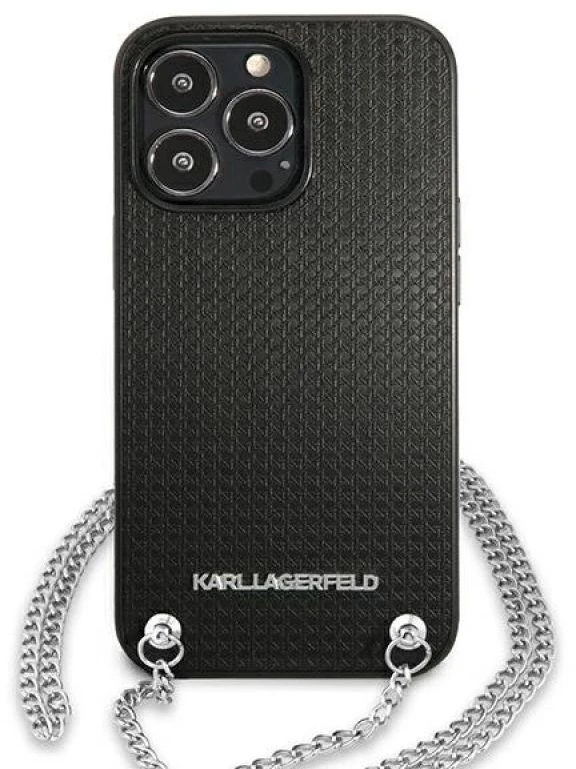 Karl Lagerfeld KLHCP13XPMK Apple iPhone 13 Pro Max 6,7″ kietas dėklas juodos spalvos Leather Textured and Chain