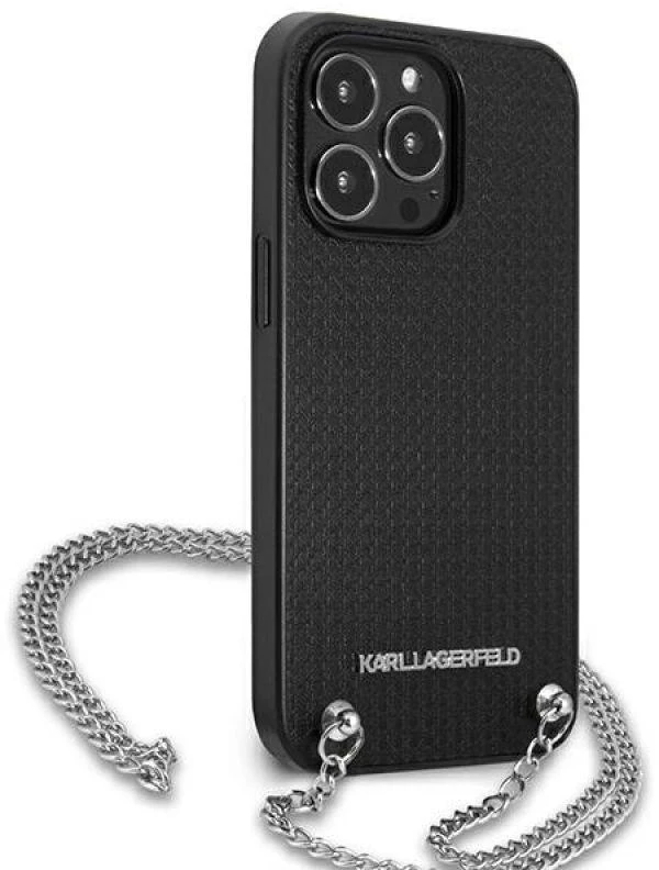 Karl Lagerfeld KLHCP13XPMK Apple iPhone 13 Pro Max 6,7″ kietas dėklas juodos spalvos Leather Textured and Chain