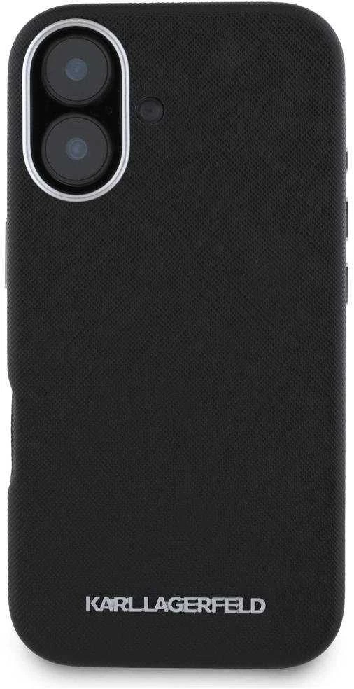 Dėklas Karl Lagerfeld Saffiano Full Wrapped Elongated Metal Logo MagSafe Apple iPhone 16 juodos spalvos