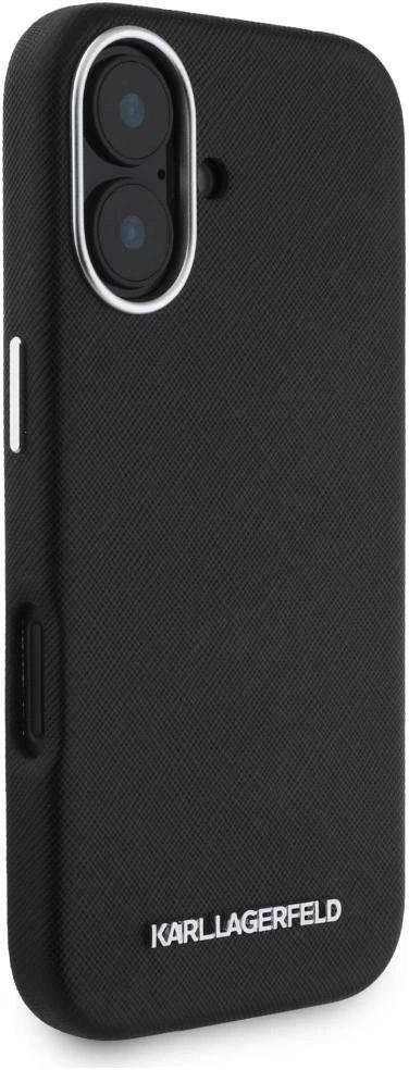 Dėklas Karl Lagerfeld Saffiano Full Wrapped Elongated Metal Logo MagSafe Apple iPhone 16 juodos spalvos