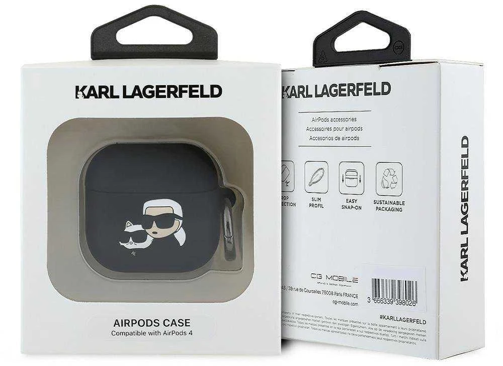 Karl Lagerfeld KLA4RUNKCHK AirPods 4 dėklas juodos spalvos Silicone Karl&Chaupette Head 3D