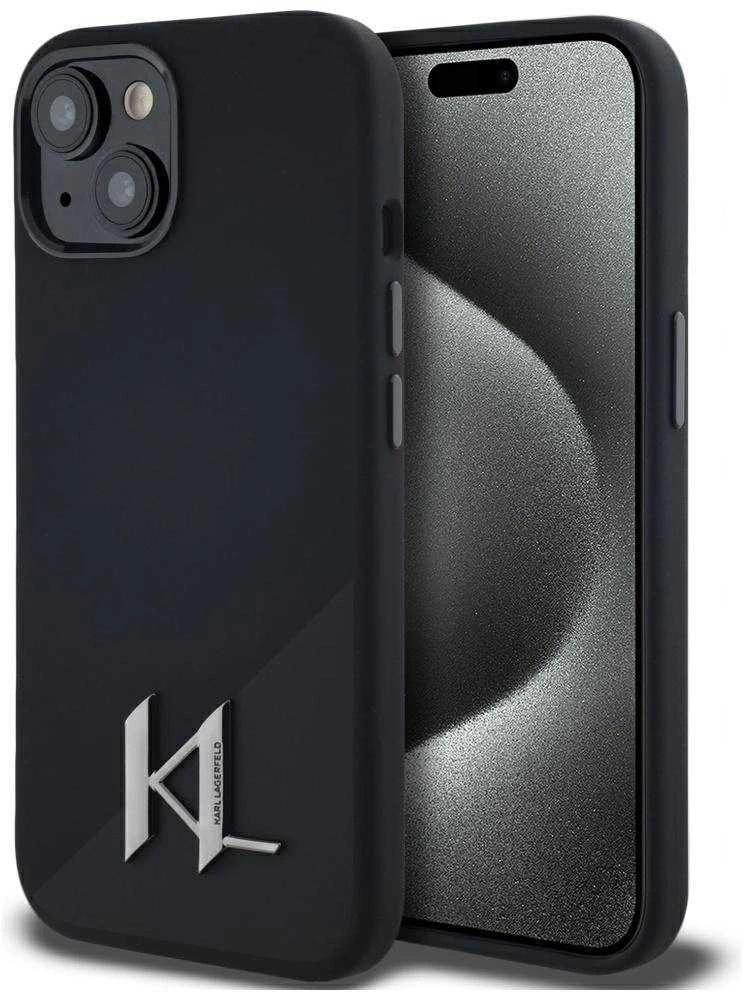 Dėklas Karl Lagerfeld Silicone Shadow Metal Initial MagSafe Apple iPhone 15 juodos spalvos