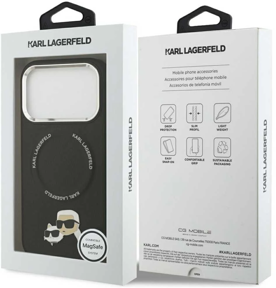 Karl Lagerfeld Karl & Choupette Pins MagSafe dėklas skirtas Apple iPhone 17 Pro juodos spalvos