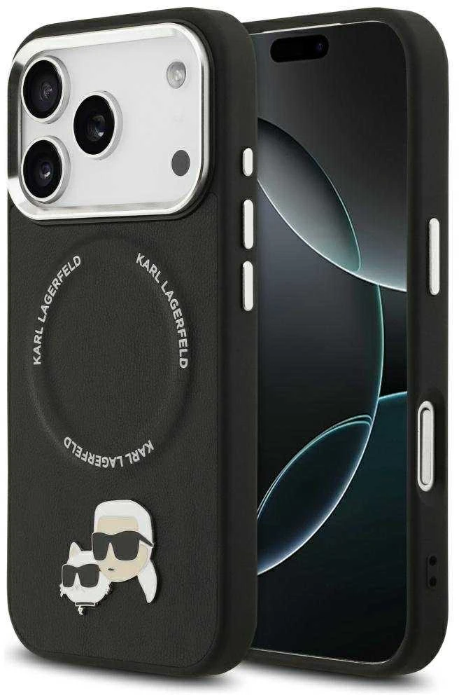 Karl Lagerfeld Karl & Choupette Pins MagSafe dėklas skirtas Apple iPhone 17 Pro juodos spalvos