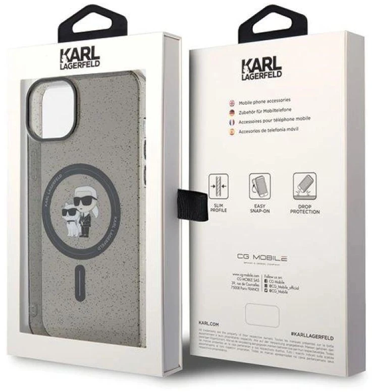Karl Lagerfeld KLHMP15SHGKCNOK Apple iPhone 15/ 14 / 13 6.1″ juodos spalvos kietas dėklas Karl&Choupette Glitter
