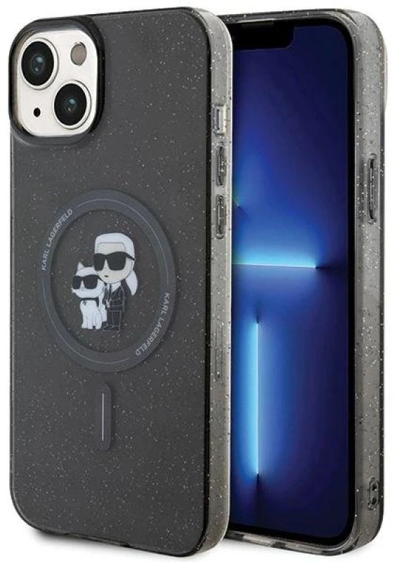 Karl Lagerfeld KLHMP15SHGKCNOK Apple iPhone 15/ 14 / 13 6.1″ juodos spalvos kietas dėklas Karl&Choupette Glitter