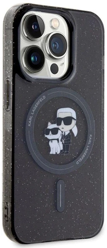 Karl Lagerfeld KLHMP15LHGKCNOK iPhone 15 Pro 6.1″ juodos spalvos kietas dėklas Karl&Choupette Glitter MagSafe