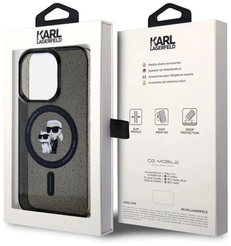 Karl Lagerfeld KLHMP15LHGKCNOK iPhone 15 Pro 6.1″ juodos spalvos kietas dėklas Karl&Choupette Glitter MagSafe